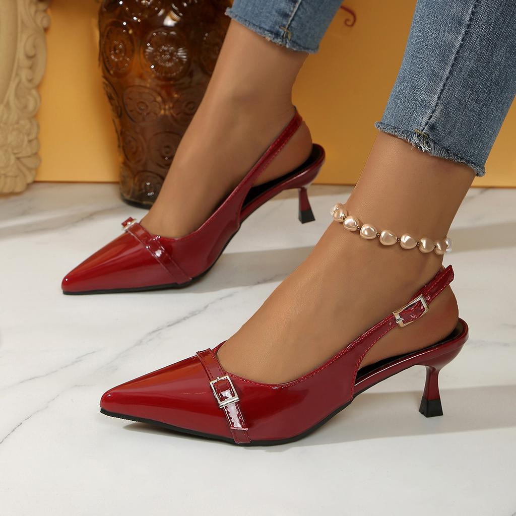 Pointed Toe Patent Leather Medium-Heel Covered-Toe Sandals – Summer New Retro Style Stiletto Open-Back Dress Shoes for Women