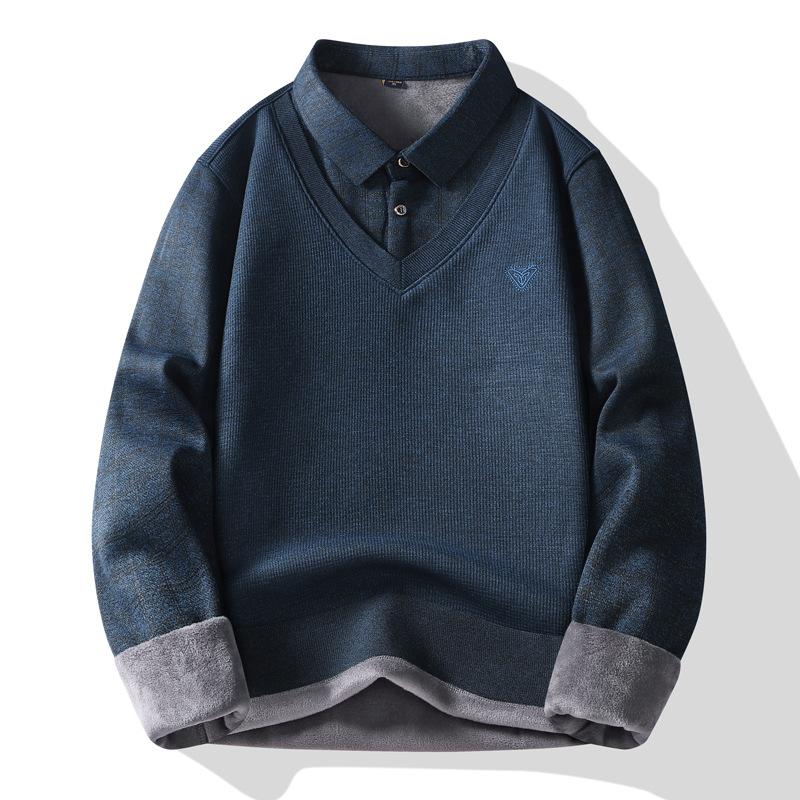 

New Fake Two-piece Sweater Piled and Thickened Men s Winter Trend Splicing Shirt Collar Bottoming Knitted Sweater L