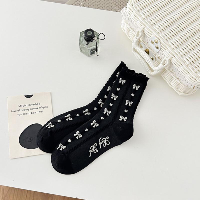 

Женские носки до середины икры, осенне-зимние кружевные женские носки, универсальные хлопковые носки с бантом, черные и белые носки до икры с отделкой ушками 1 pair чёрный