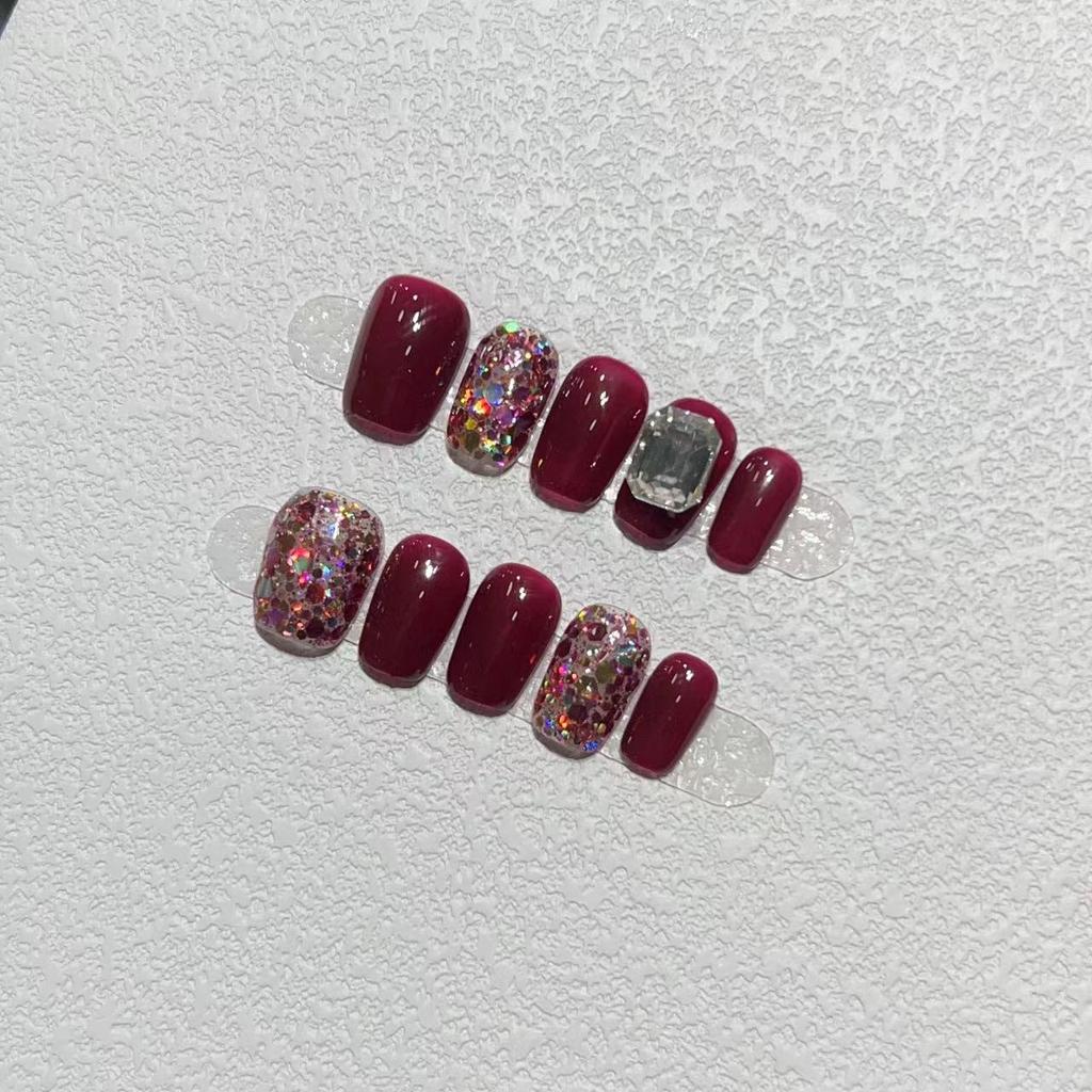 New Year's Manicure Pure Hand-wearing Nail Pieces Handmade High-end Light Luxury Style Simple Rose Sequin Square Diamond