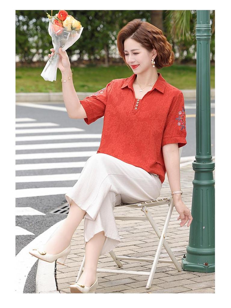 Chinese Style Cotton Linen Summer Shirt & Pants Set for Middle-aged Women