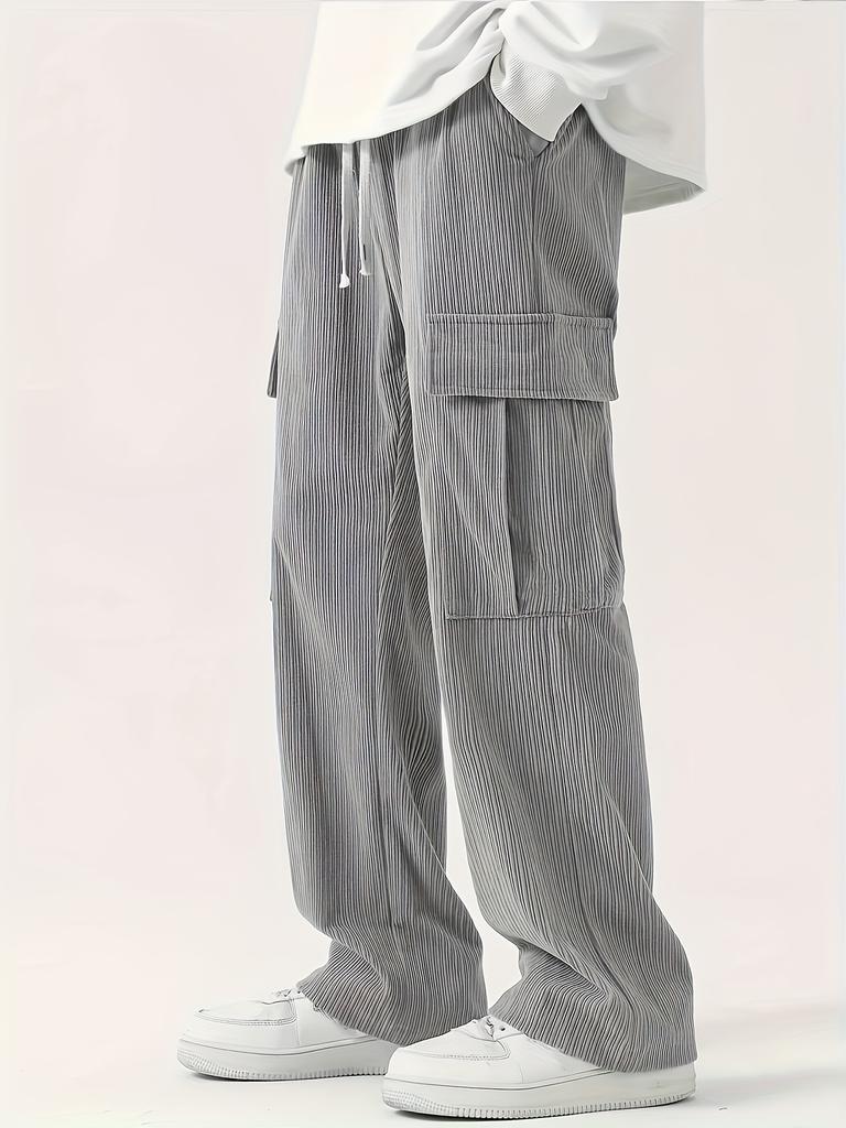 Men's Loose Solid Pants with Multi Pockets Casual Drawstring Trousers for Outdoor
