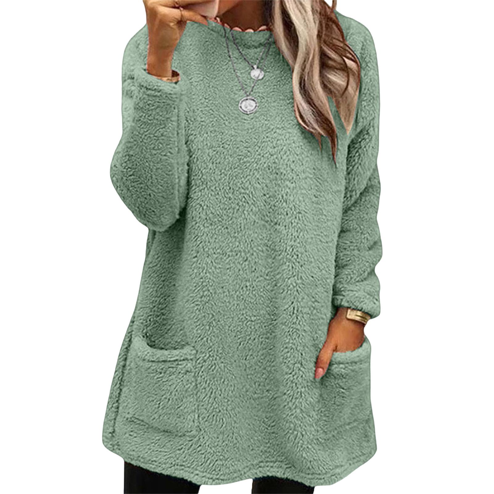 

Women s Fashion Casual Long Sleeve Pocketed Round Neck Casual Warm Long Sleeve T-Shirt M зелёный
