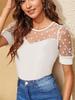 2025 Spring/Summer Women's Mesh Polka Dot Patchwork Slim-Fit Round Neck T-shirt