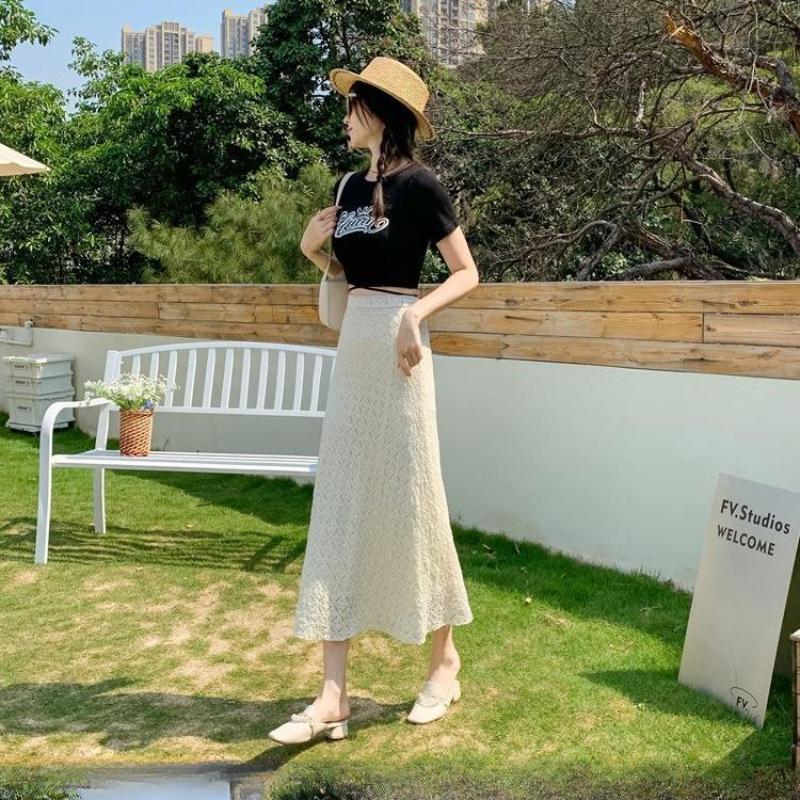 Fustă Dantelă Lungime Medie pentru Femei Vară Talie Înaltă A-line Coadă de Pește Fustă Lungime Medie