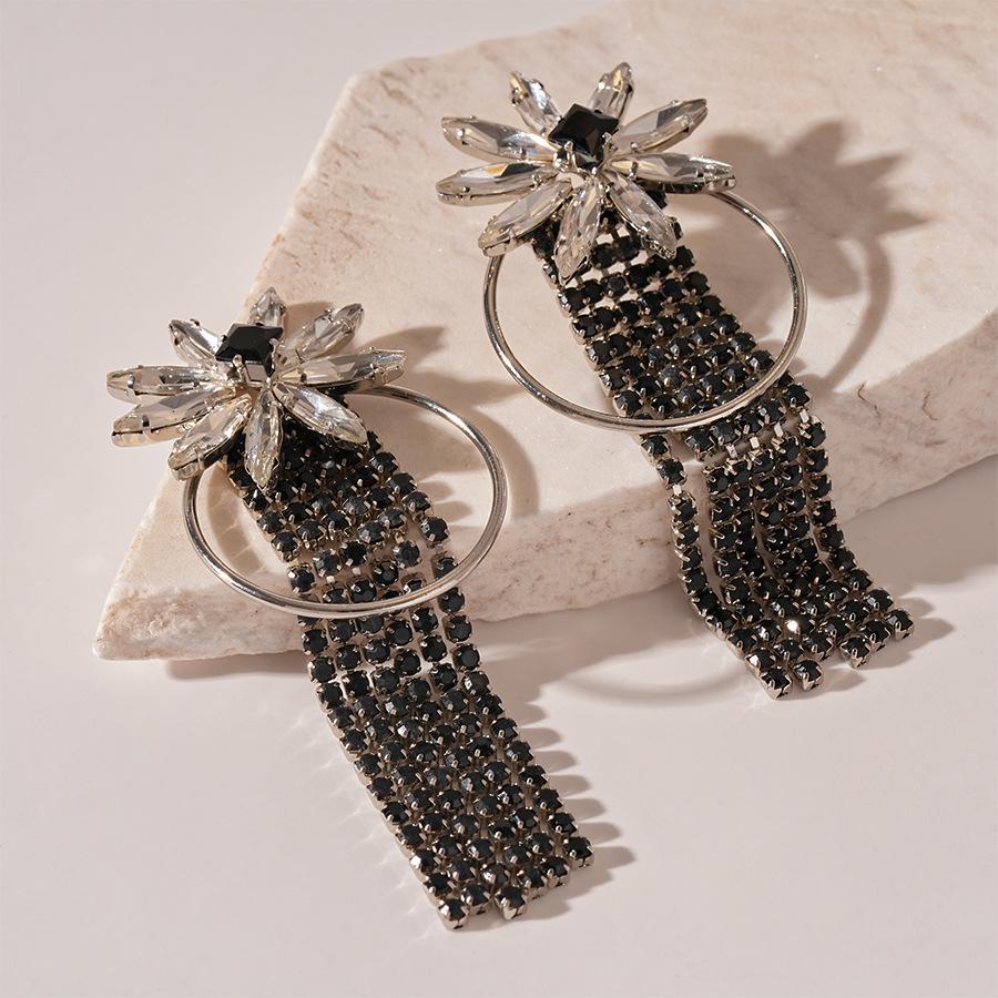 Silver Needle Black Diamond Flower Geometric Tassel Stud Earrings - Elegant, Luxurious, High-End Design for Women