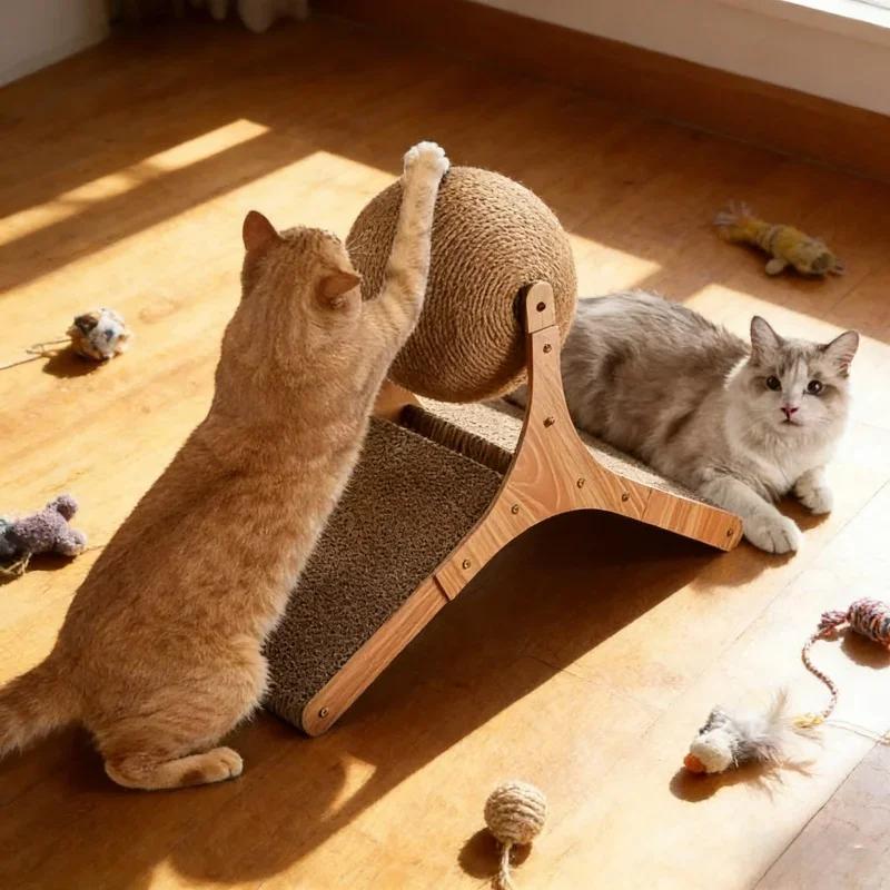 Solid Wood Wear Resistant Cat Scratcher 2-in-1 Sisal Scratching Ball Board Paw Grinding Toy For Home Cats Daily Pet Accessory