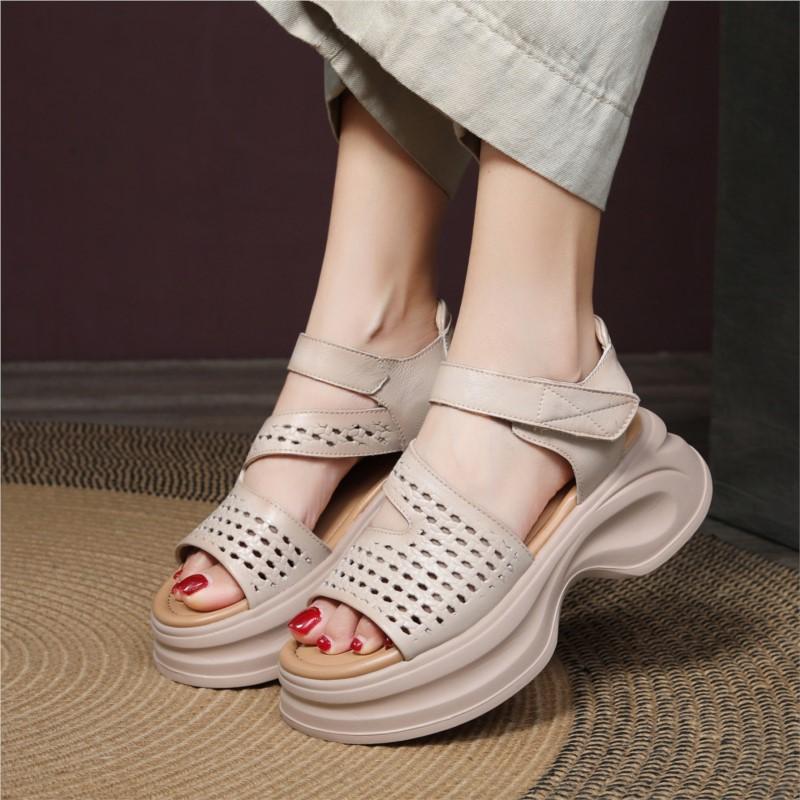 Johnature Roman Platform Sandals Genuine Leather Peep Toed Thick Soled Casual Women's Shoes