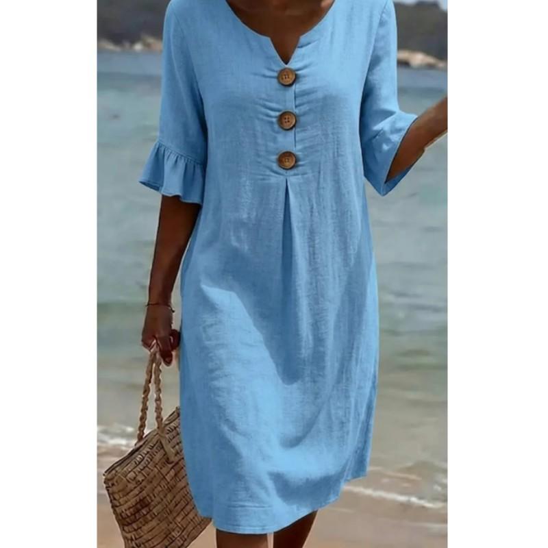 Damen Sommerkleid Unifarben Lässig und Bequem: Kurzärmelig, Mittlere Taille, V-Ausschnitt, Knopfleiste, A-Linie 2XL