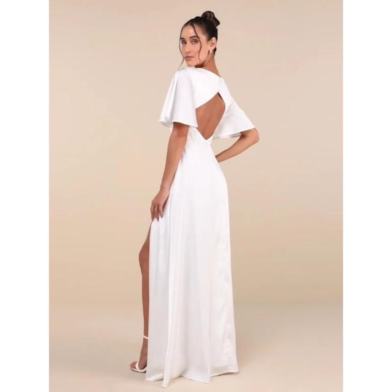 Export Single Lu's Smooth Acetate Satin Comfortable Horn Flying Sleeves Elegant Silm Annual Party Party Long Dress