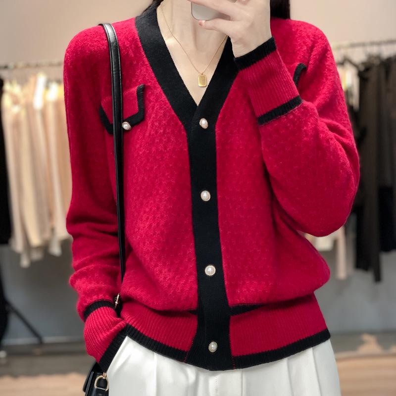 2025 A/W Women's V-Neck Color Block Tweed Knit Cardigan Sweater - Long Sleeve Base Layer