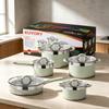 10-Piece Stainless Steel Cookware Set: Frying Pan, Milk Pot, and Double-Bottom Soup Pot.