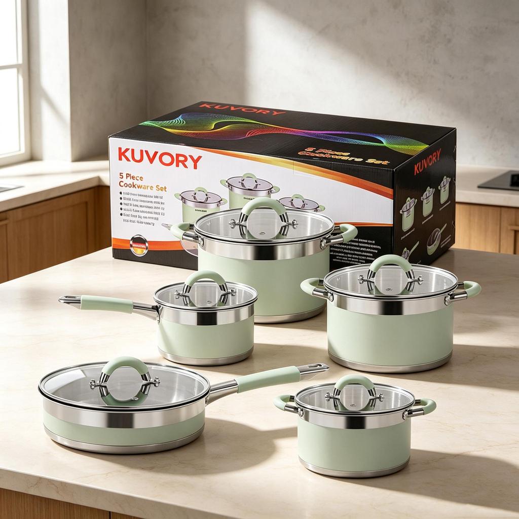 10-Piece Stainless Steel Cookware Set: Frying Pan, Milk Pot, and Double-Bottom Soup Pot.