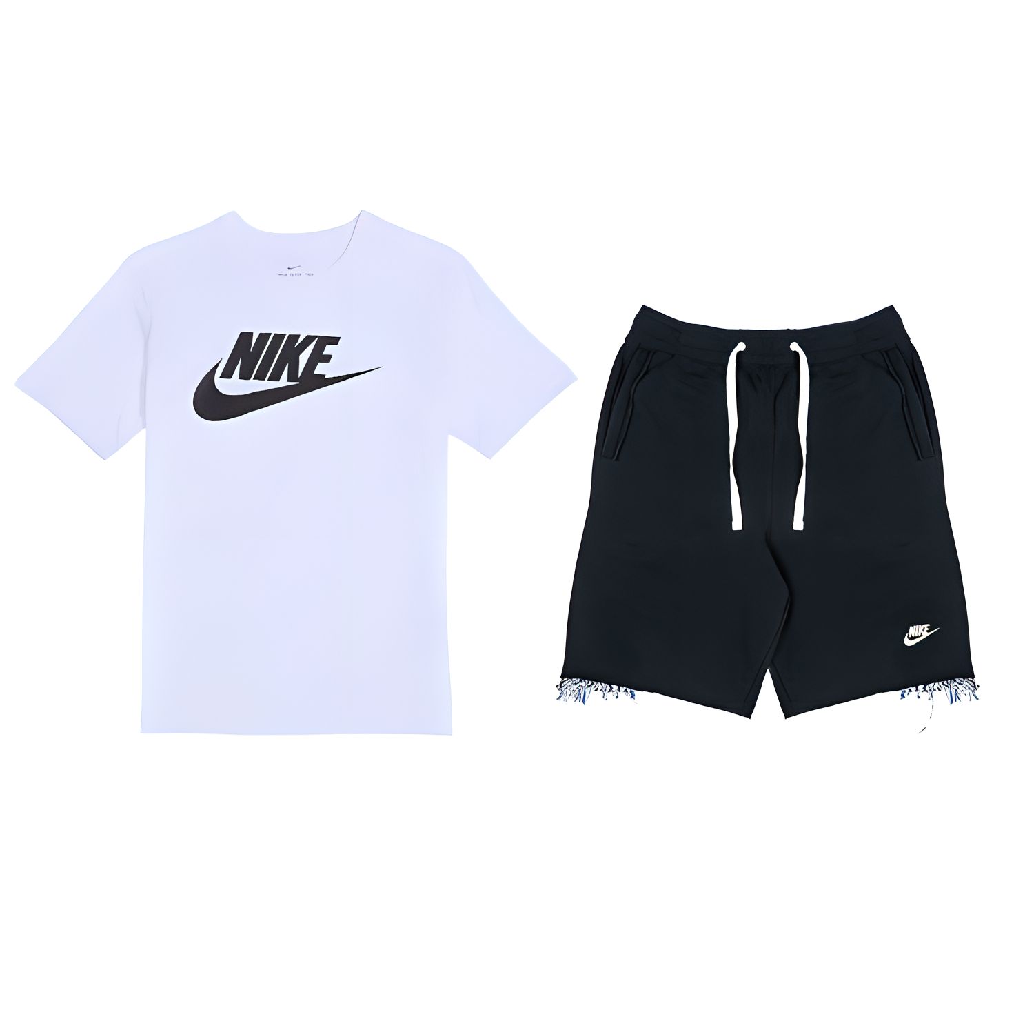 

Nike Пуловер с круглым вырезом и логотипом, короткий рукав, завязка на талии, шорты средней посадки, повседневный спортивный комплект, мужские комплекты AR5005-101+DX0767-010 M