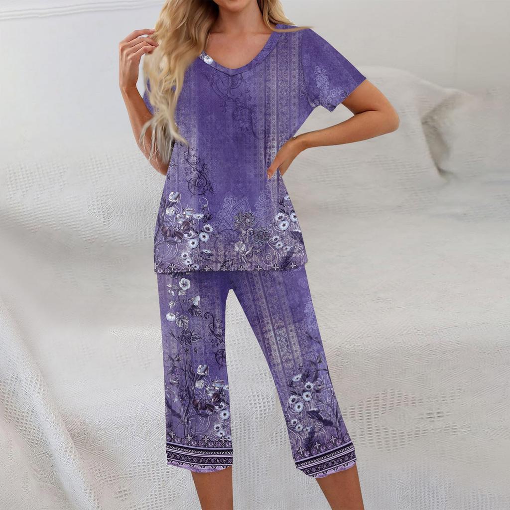 2 Piece Sets For Women Short Sleeve Top And Pants With Pockets Workout Soft Floral Print Sets