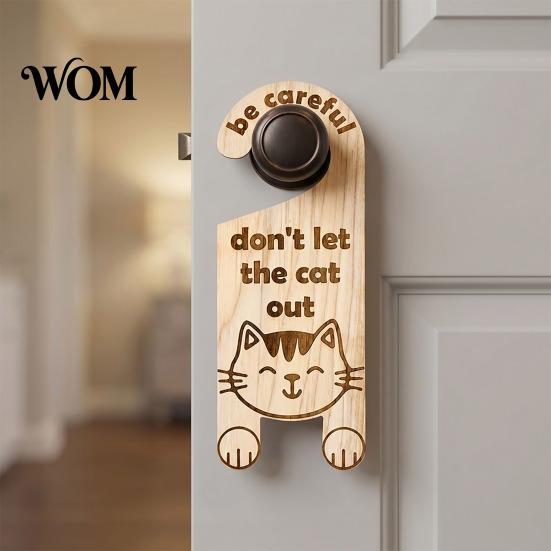 Cat Room Entrance Warning Door Handle Sign, Wooden Cartoon Hanging Reminder, Pet Sign Safety Knob Hanger, for Bedroom And Entryway Doors Decorative