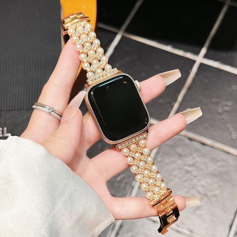 Pearl Metal Strap for Apple Watch Band 49 46 45 44 42 41 40 38mm Women Jewelry Diamond Bracelet Correa for iWatch S10 9 8 7 6 SE
