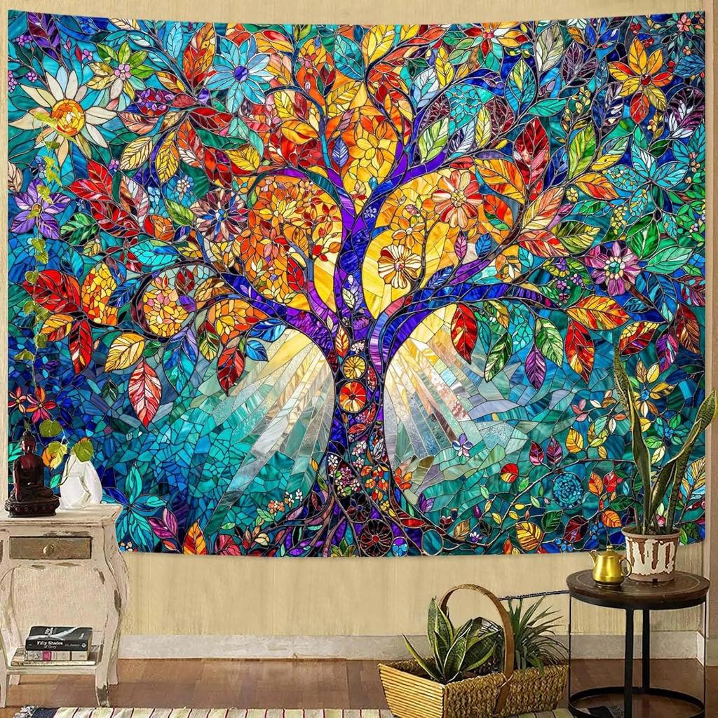VIKAMA Bemaltes Glas Lebensbaum Wandteppich Vintage Bunte Blätter Böhmischer Kunststil Wohnzimmer Raum Heimdekoration