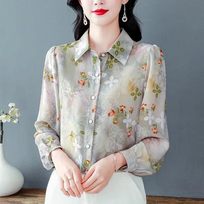 Women's Luxury Floral Print Blouse Long Sleeve Turn-down Collar Loose Elegant Satin Top