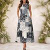 Women Plus Size Round Neck Sleeveless Black Grey Patchwork Print A Line Long Dress With Side Pockets