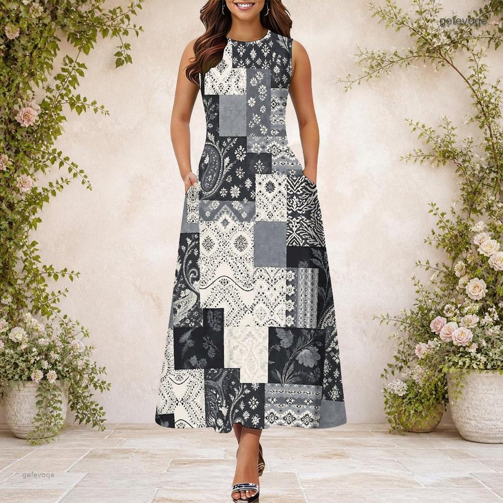 Women Plus Size Round Neck Sleeveless Black Grey Patchwork Print A Line Long Dress With Side Pockets
