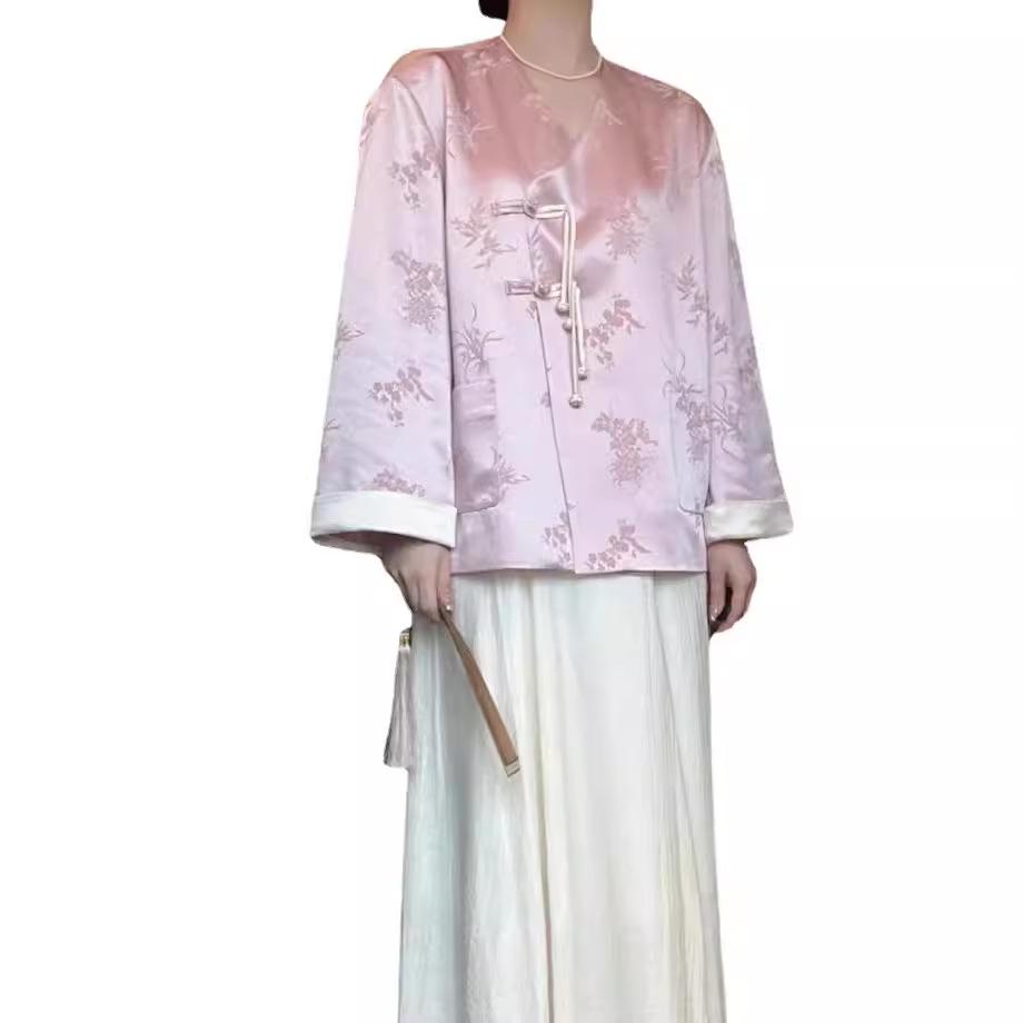 2024 Cool Zen-Style Women's Pink Hanfu Shirt Jacket for Early Autumn