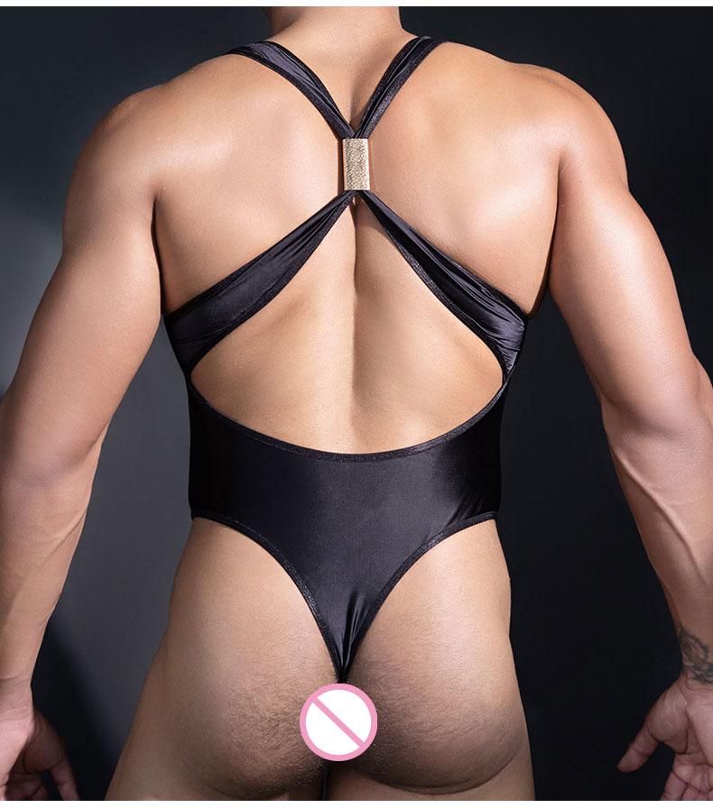 Men'S High Cut Thong Bodysuit Tops Back Cross Sexy Hollow Out Tights Sleeveless Elastic Shaping Man Shiny Onesies Breathable