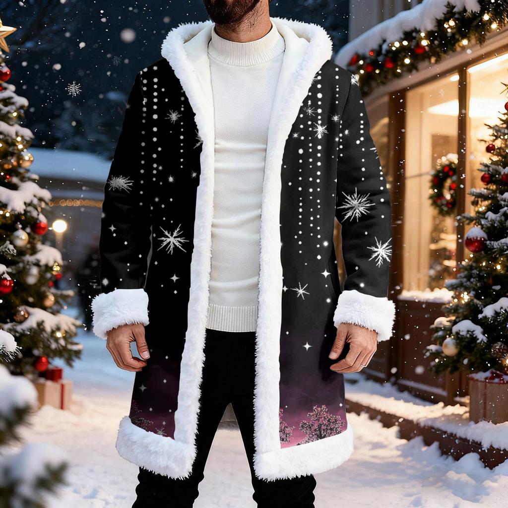 Men's Christmas Long Hooded Cardigan With Pockets Warm Jacket