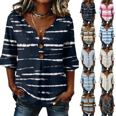Womens Long Sleeve Tops Casual V Neck Striped Button Long Sleeve Shirts for Women Relaxed Fit Long Sleeve T Shirt Women