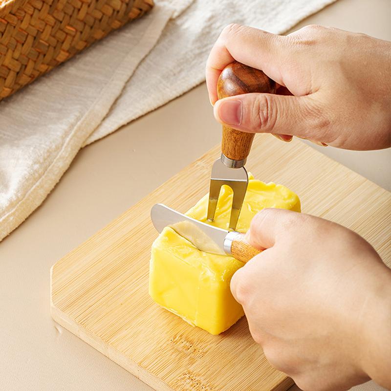 Stainless Steel Cheese Knives Cheese Fork Set Wooden Handle Butter Spatula Knife Cheese Spreader Jam Spreader Baking Tools