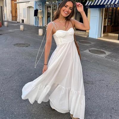 Elegantes rückenfreies weißes Sling-Maxikleid für Damen, Mode, Sommer, ärmellos, Strand, lange Kleider, weiblich, schick, Straße, Urlaub, Robe