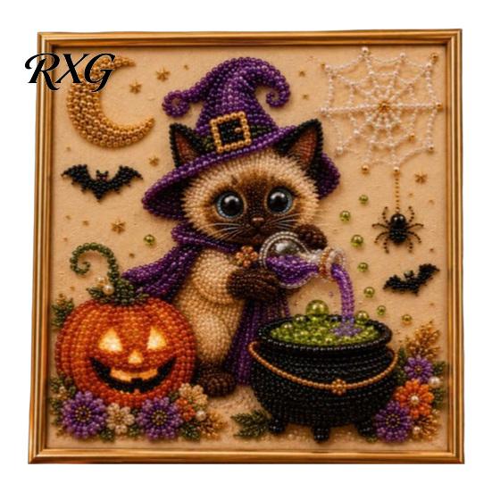 Cute Pet Themed Home Accents Halloween Witch Hat Cat DIY 3D Pearl Painting Kit with Frame, Hand-Pasted Art Craft for Adults, Relaxing Creative