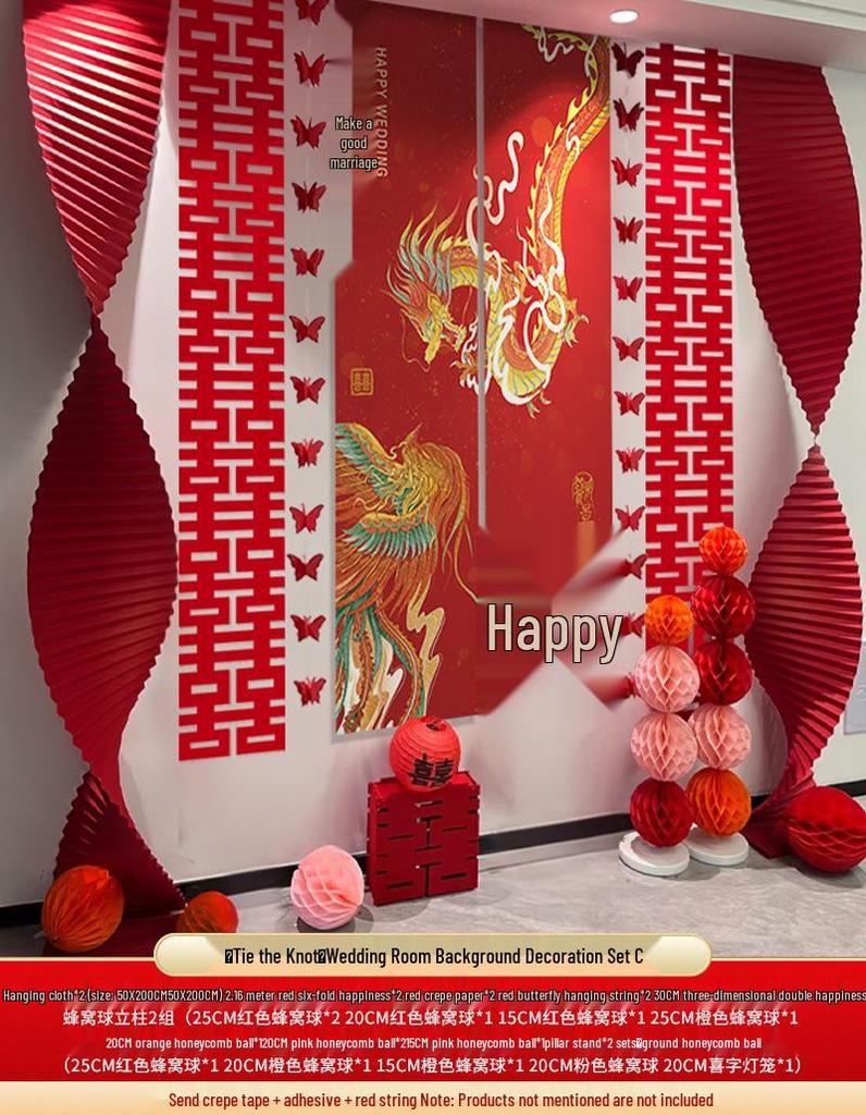 Double Happiness Wedding Room Cloth Banner Set for Ceremony and Hotel Décor