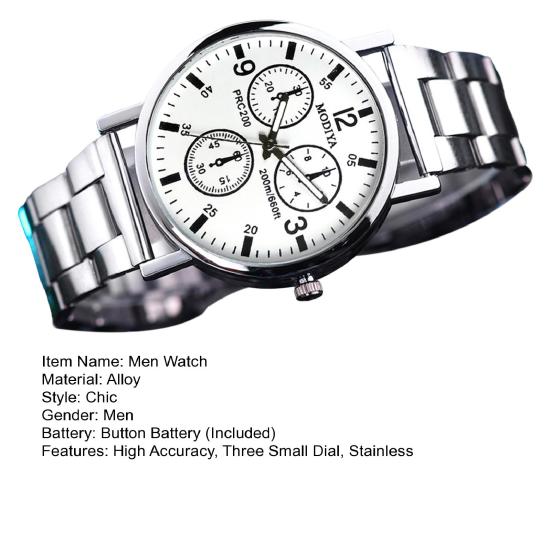 Herren-Quarzuhr, rundes Zifferblatt, Legierung, drei kleine Zifferblätter, keine Verzögerung, Legierungsarmband, Zeitprüfung, hochpräzise Armbanduhr für den Arbeitsweg