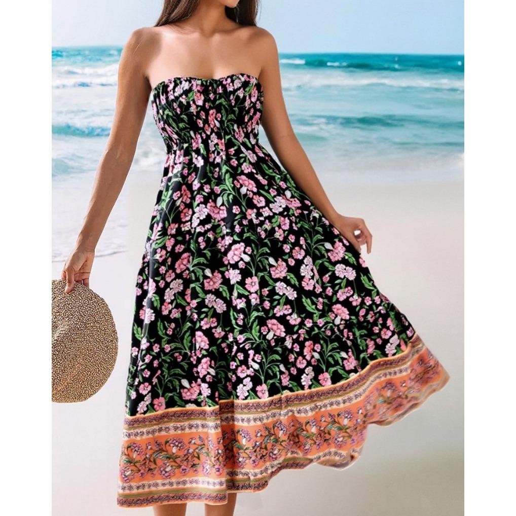 Womens Summer Boho Skirts Casual Maxi Flowy Elastic High Waist A-Line Tiered Swing Floral Long Skirts with Pockets