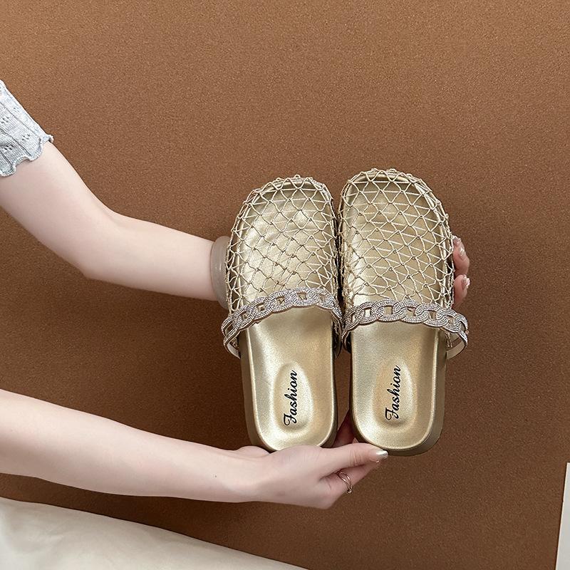 Hollow Rhinestone Baotou Fishing Net Sandals Heavy Industry Baotou Slippers Women's 2025 Summer New Fashion Cool Slippers