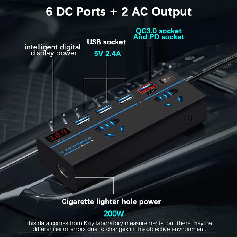 200W DC 12V 24V To AC 110V 220V Inverter Car Converter Splitter 6+2 DC AC Power Socket Truck Inverter Cigar Lighter Plug Input
