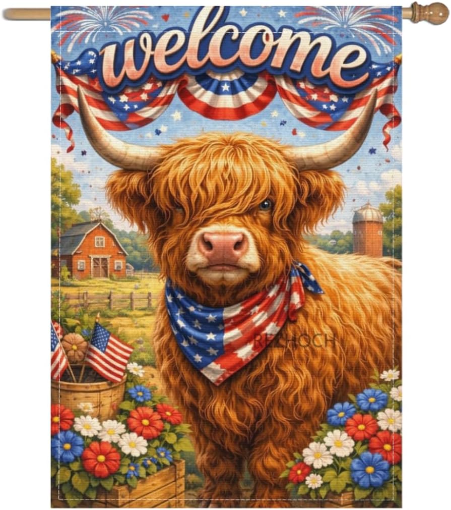 Independence Day Patriotic Highland Cow Welcome Garden Ag 28x40Inch,Cute Animal Outdoor Yard ags,Red White Blue American AAS