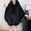 Classy Furry Hooded Cloak Shawl Large Fur Collar Cloak Fleece-linedthickenedheattechwinterpure Color Coat for Women