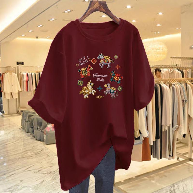 

2026 Year of the Horse Women s Red Cotton Short-Sleeve Loose T-shirt S