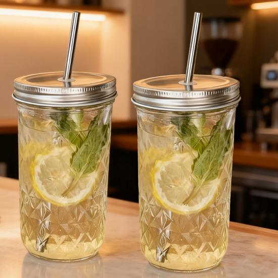 Yousheng Glass Straw Tumbler with Lid 650ml Large Capacity Mason Jar Cup for Iced Coffee & Bubble Tea Leak-Proof Reusable Cold Drink Cup for Home
