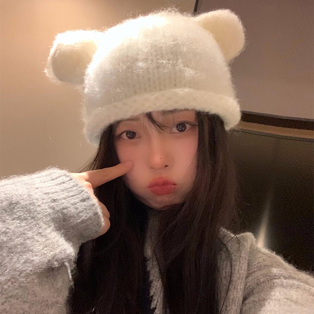 Y2K Knitted Pullover Hat Fluffy Brimless Beanie Cap Versatile Bear Ear Woolen Hat  Women