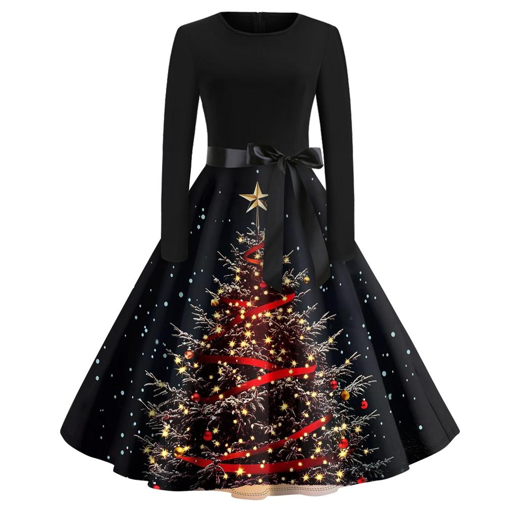 Damen Vintage Classic Kleid Langarm Weihnachtsdruck Rundhals Swing Kleid