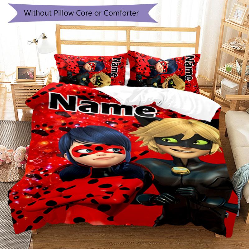 3pcs Ladybug2 Cover Set - Personalized Name, HD Printed Bedding with 1 Cover and 2 Pillowcases - Perfect for Home Decor, Easy Care