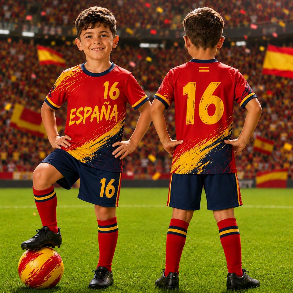 2026 Estate Spagna Maglia da Calcio Giovanile per Ragazzi Ragazze Maglia da Calcio per Sport da Spiaggia T-Shirt Pantaloncini Set Due Pezzi