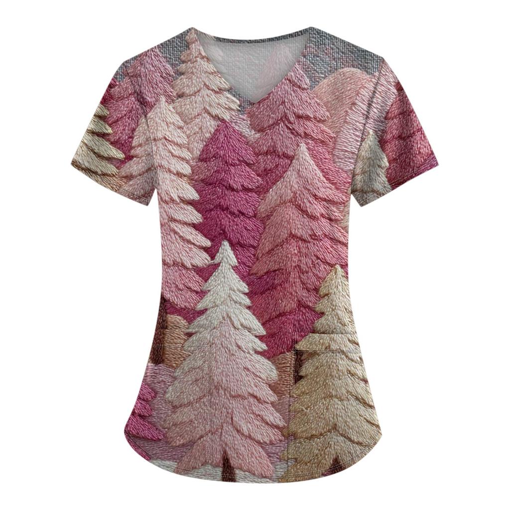 Women's Fashion Printed Short Sleeve V Neck Pattern Tops Pocket Working T-shirts