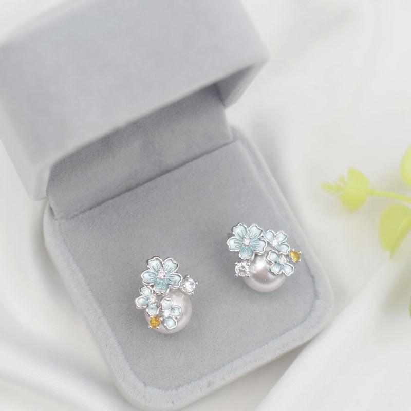 

S925 Sterling Silver Blue Flower Pearl Stud Earrings for Women Accessible Luxury Fancy New Arrival Elegant Special Interest Earrings Earrings Summer Flower pearl stud earrings