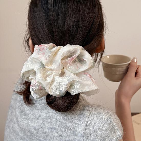 Hair Tie Embroidery Flower Pattern Mesh Yarn Large Hair Scrunchy Soft Elastic Ponytail Holder Non-Slip Hair Accessory