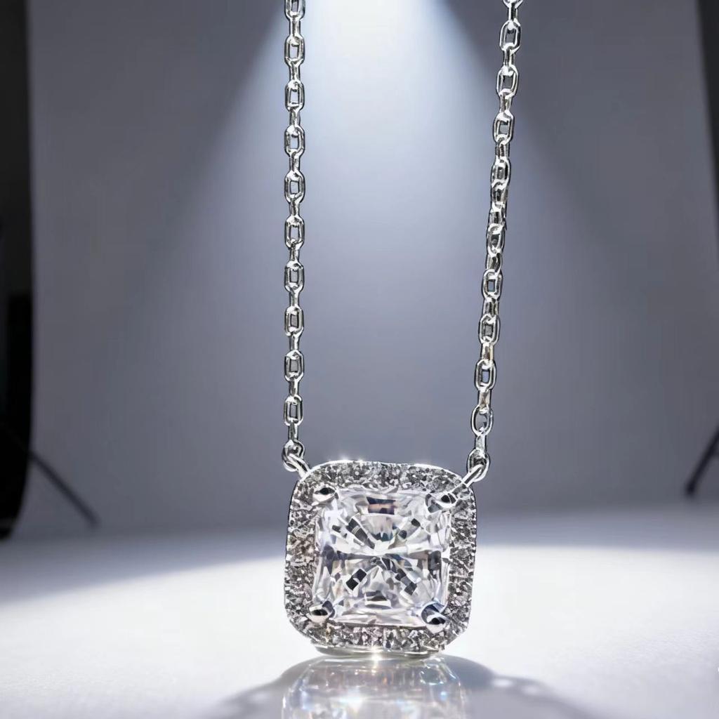 Jewelry Zircon 5 Carat Square Necklace Women's Classic Versatile Square Bag Clavicle Chain Safety Lock Pendant Gold Plated