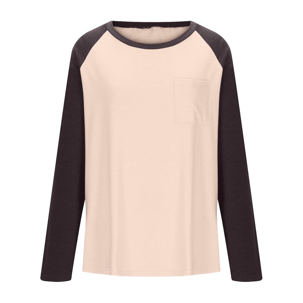 Damen T-Shirt Einfarbig Rundhalsausschnitt Tasche Langarm Oberteil